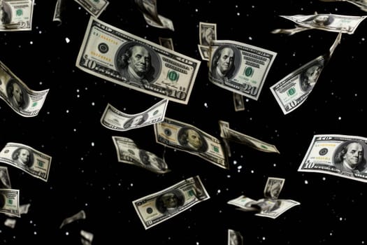 dollar bills falling with darkness background, money rain concept.