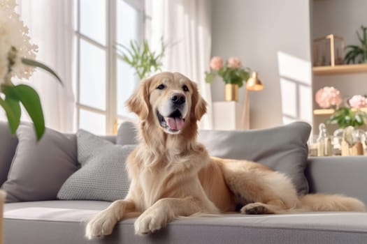 Modern living room interior Cute Golden Labrador Retriever near couch Generative AI.