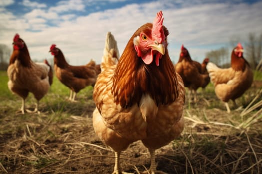 Enjoyable photo of free range chickens in the pasture.