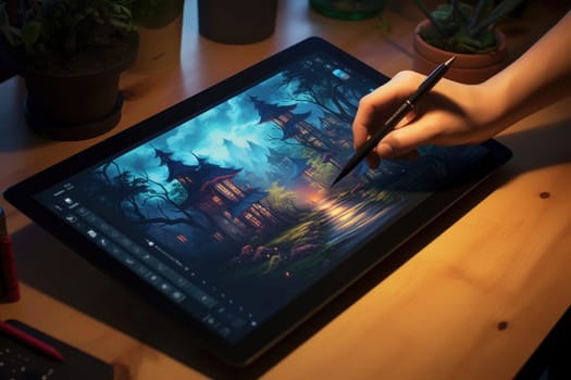 Close up of a Graphic Designer hand drawing on a digital tablet.