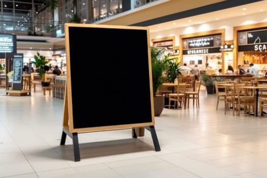 Advertising blank Blackboard, Blank restaurant shop sign or menu boards in shopping mall center, Blackboard sign mockup in front of a restaurant Signboard, Generative AI.