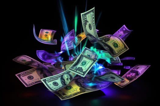 dollar bills falling with Neon colorful background.