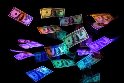 dollar bills falling with Neon colorful background.