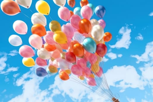 Colorful balloons floating against a clear blue sky, Generative AI.