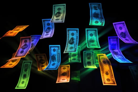 dollar bills falling with Neon colorful background.