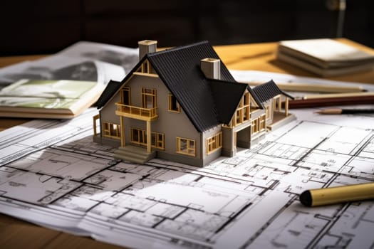 House models sit on top of several different architects drawings and floor plan.