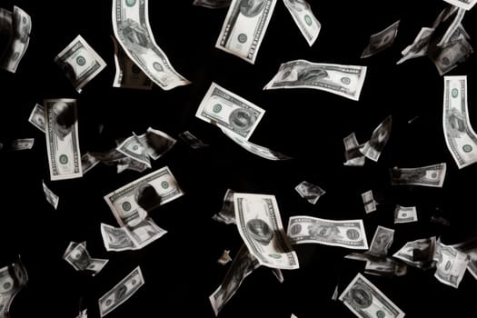 dollar bills falling with darkness background, money rain concept.