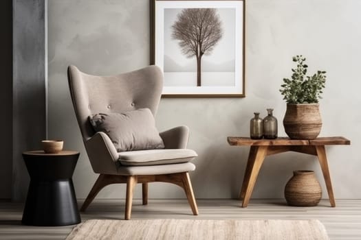 Wing chair near rustic wooden coffee table. Interior design of scandinavian living room with frames.