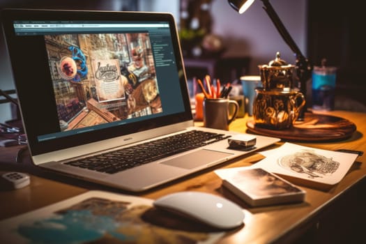 A designer's desk with a laptop, designer's working table.
