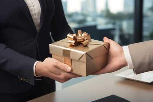 Close-up view of hands Giving a business gift in an office.