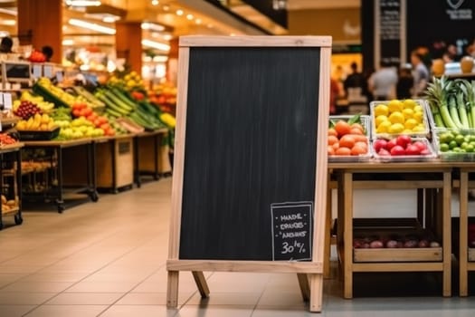 Advertising blank Blackboard, Blank restaurant shop sign or menu boards in shopping mall center, Blackboard sign mockup in front of a restaurant Signboard, Generative AI.