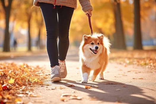 image of a person walking a pet dog in a city park on a sunny autumn day.