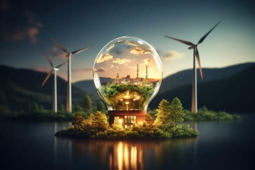 Green eco friendly lightbulb, green energy innovation concept, Generative AI.
