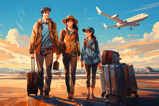 Family Trip Concept, family travel at airport,Time for family vacation, family travel at airport 2d, Generative AI.