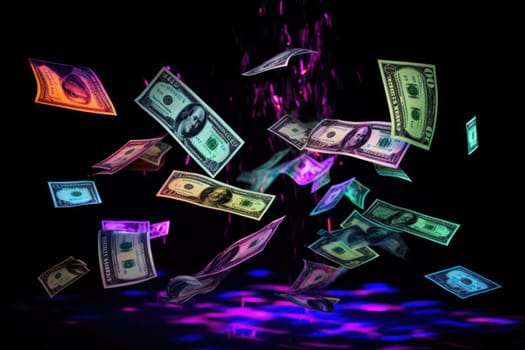 dollar bills falling with Neon colorful background.