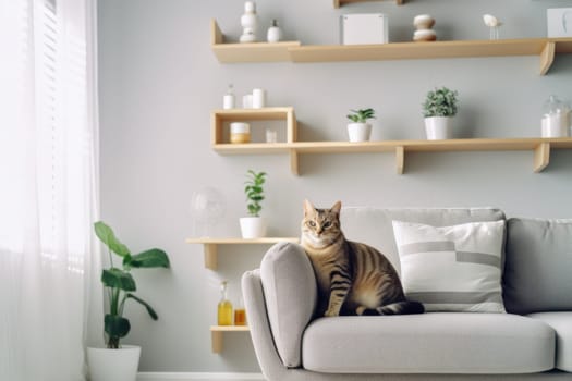 Modern living room interior Cute cat near couch Generative AI.