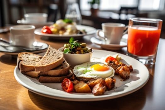 Breakfast with delicious fried eggs garnished with sliced tomato Generative AI.