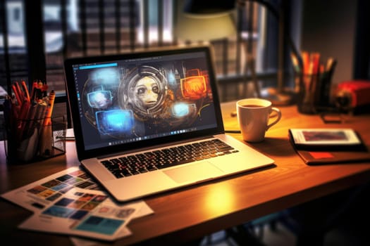 A designer's desk with a laptop designer's working table Generative AI.