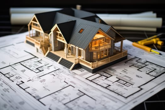 House models sit on top of several different architects drawings and floor plan.