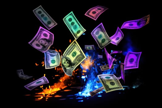 dollar bills falling with Neon colorful background.