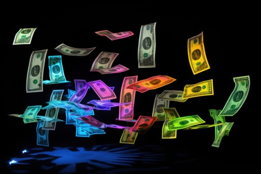 dollar bills falling with Neon colorful background.