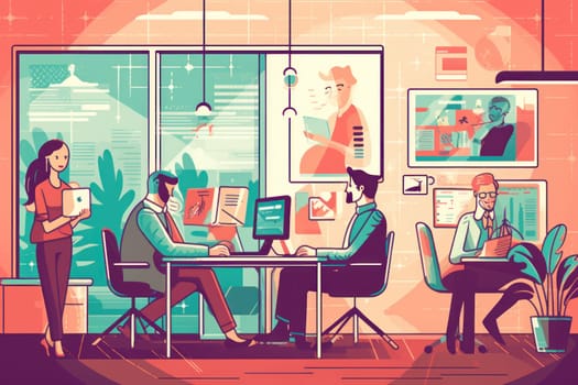 Group business team video conference meeting online concept. flat illustration cartoon character design concept, Generative AI.
