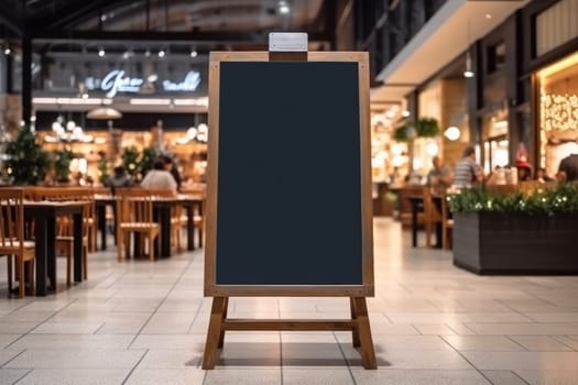 Advertising blank Blackboard, Blank restaurant shop sign or menu boards in shopping mall center, Blackboard sign mockup in front of a restaurant Signboard, Generative AI.