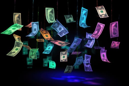 dollar bills falling with Neon colorful background.