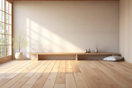 Muji style, Empty wooden room, Cleaning japandi room interior.