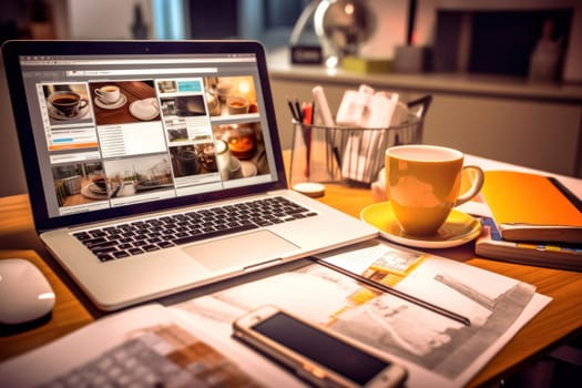 A designer's desk with a laptop, designer's working table.