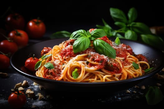 Delicious spaghetti served on a black plat.