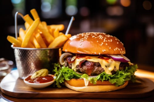Delicious burger with fries combo.