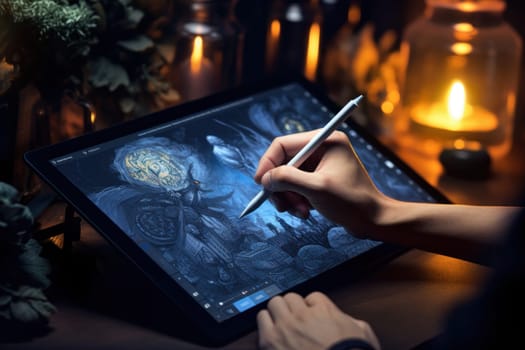 Close up of a Graphic Designer hand drawing on a digital tablet.