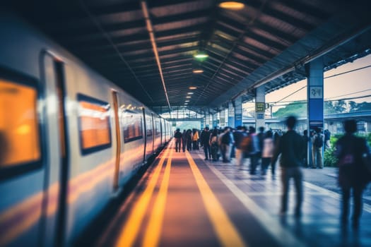 Blurred People Getting Into Subway Train During Rush Hour, Train in subway station during rush hour, Generative Ai.