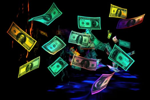 dollar bills falling with Neon colorful background.