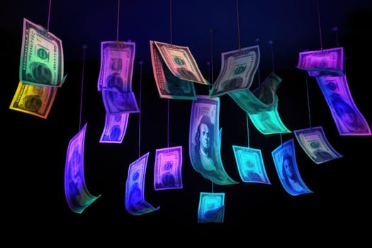 dollar bills falling with Neon colorful background.