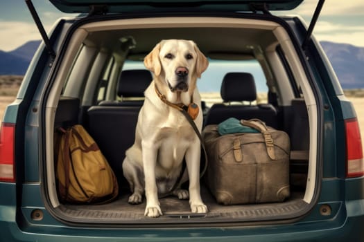 Car trunk with cute Dog and luggage Dog Travel concept Generative AI.