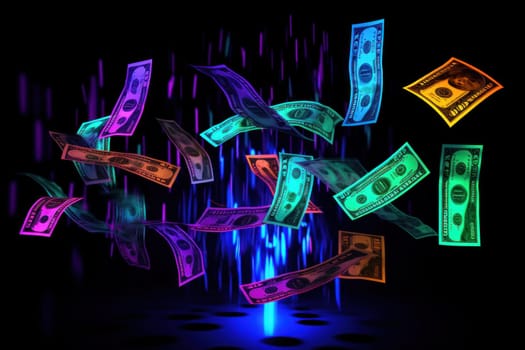 dollar bills falling with Neon colorful background.
