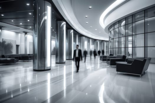 An office building with a huge people flow, fast shutter, Business people walking, Generative AI.