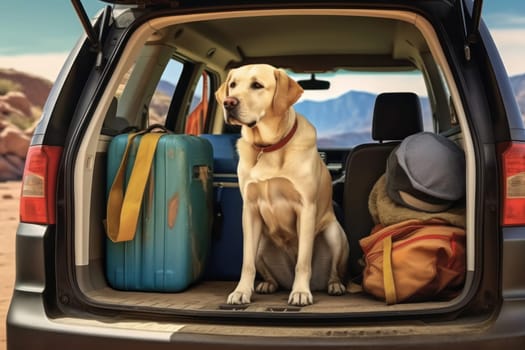 Car trunk with cute Dog and luggage Dog Travel concept Generative AI.
