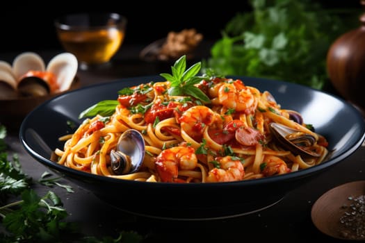 Delicious spaghetti served on a black plat.