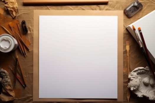 A white sheet of paper on a table with art supplies, top view, Generative AI.