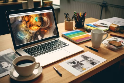 A designer's desk with a laptop designer's working table Generative AI.