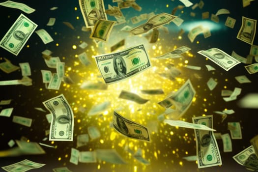 dollar bills falling with colorful abstract background.