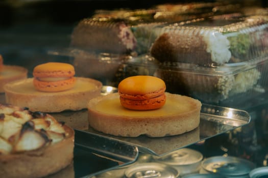 Close-up of desserts through a window