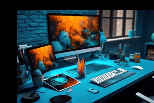 A designer's desk with a laptop designer's working table Generative AI.