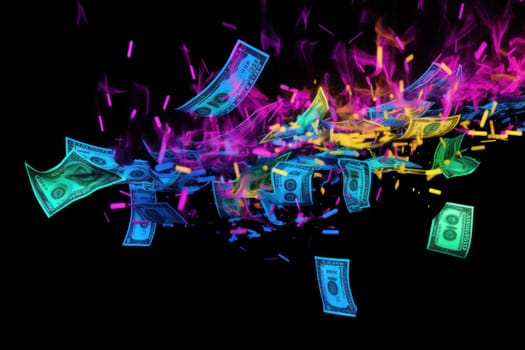 dollar bills falling with Neon colorful background.