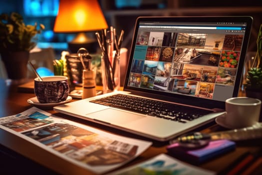 A designer's desk with a laptop, designer's working table.