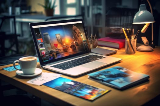 A designer's desk with a laptop, designer's working table.