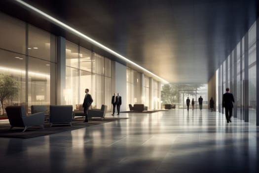 An office building with a huge people flow, fast shutter, Business people walking, Generative AI.